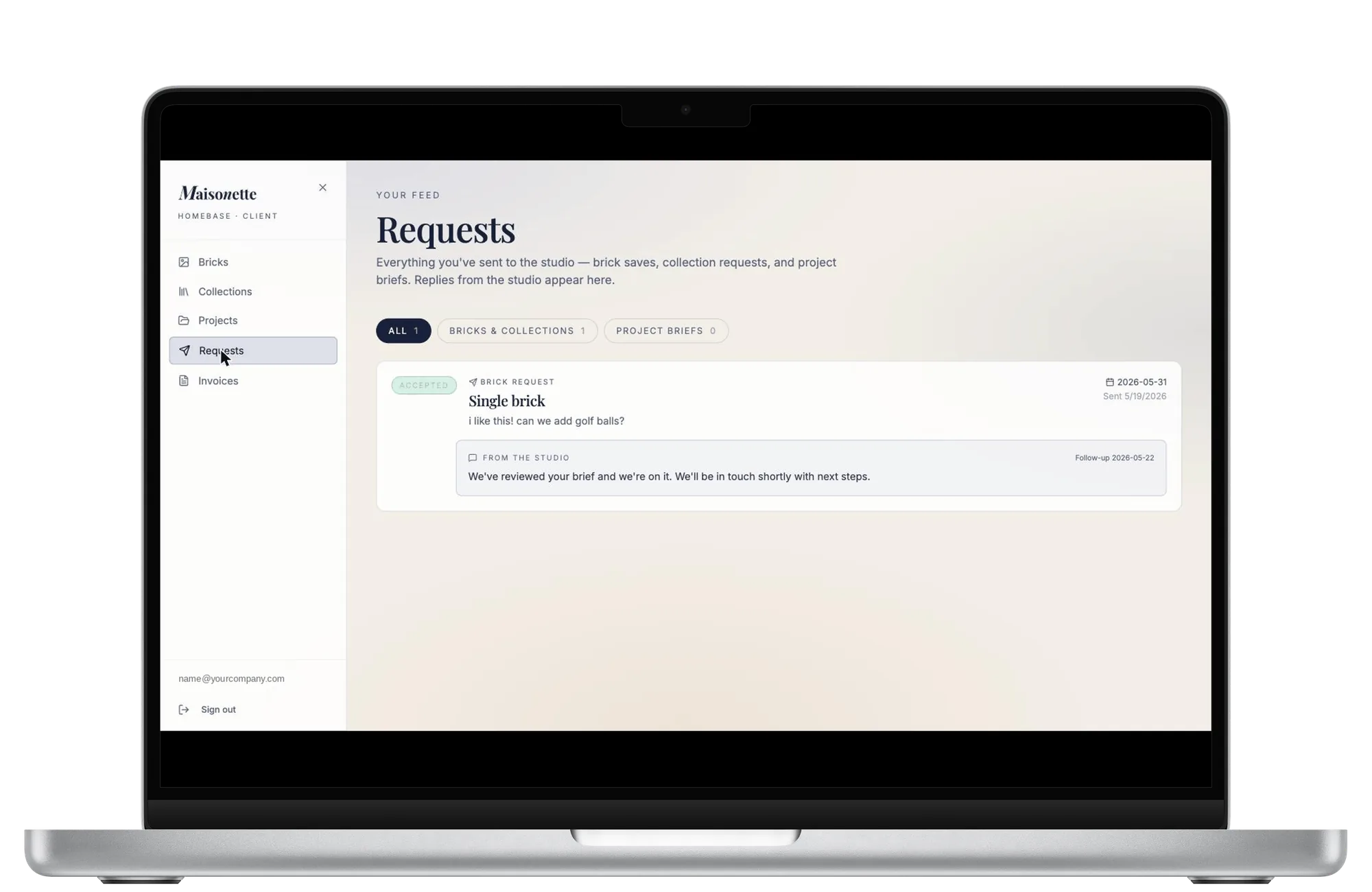 Maisonette Homebase Requests view shown on a MacBook Pro