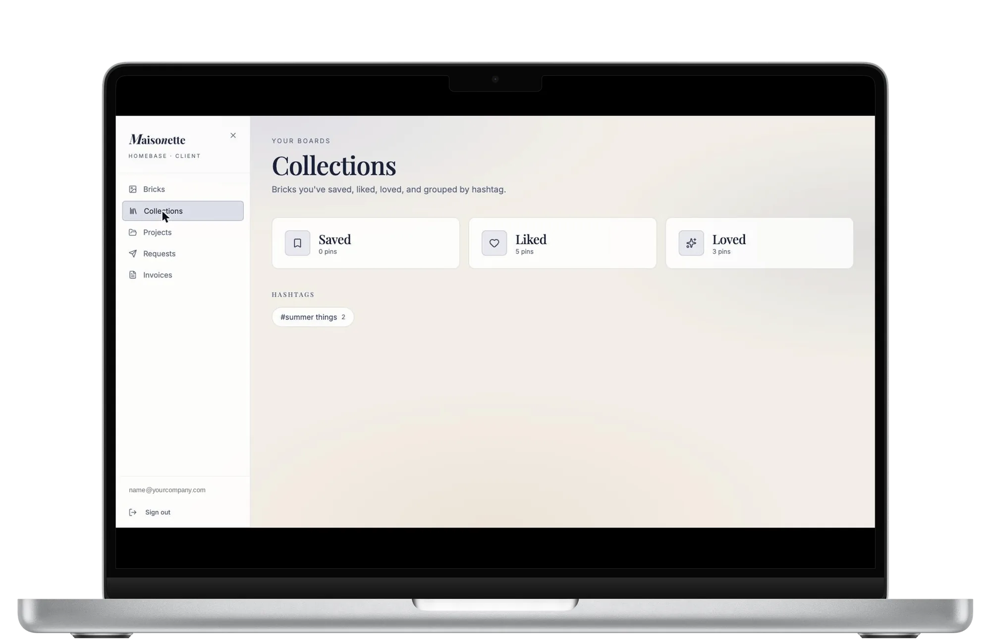 Maisonette Homebase Collections view shown on a MacBook Pro