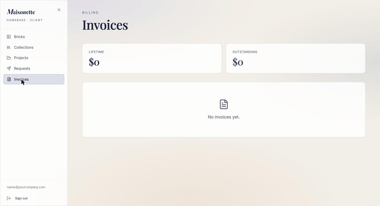Invoices view in Maisonette Homebase