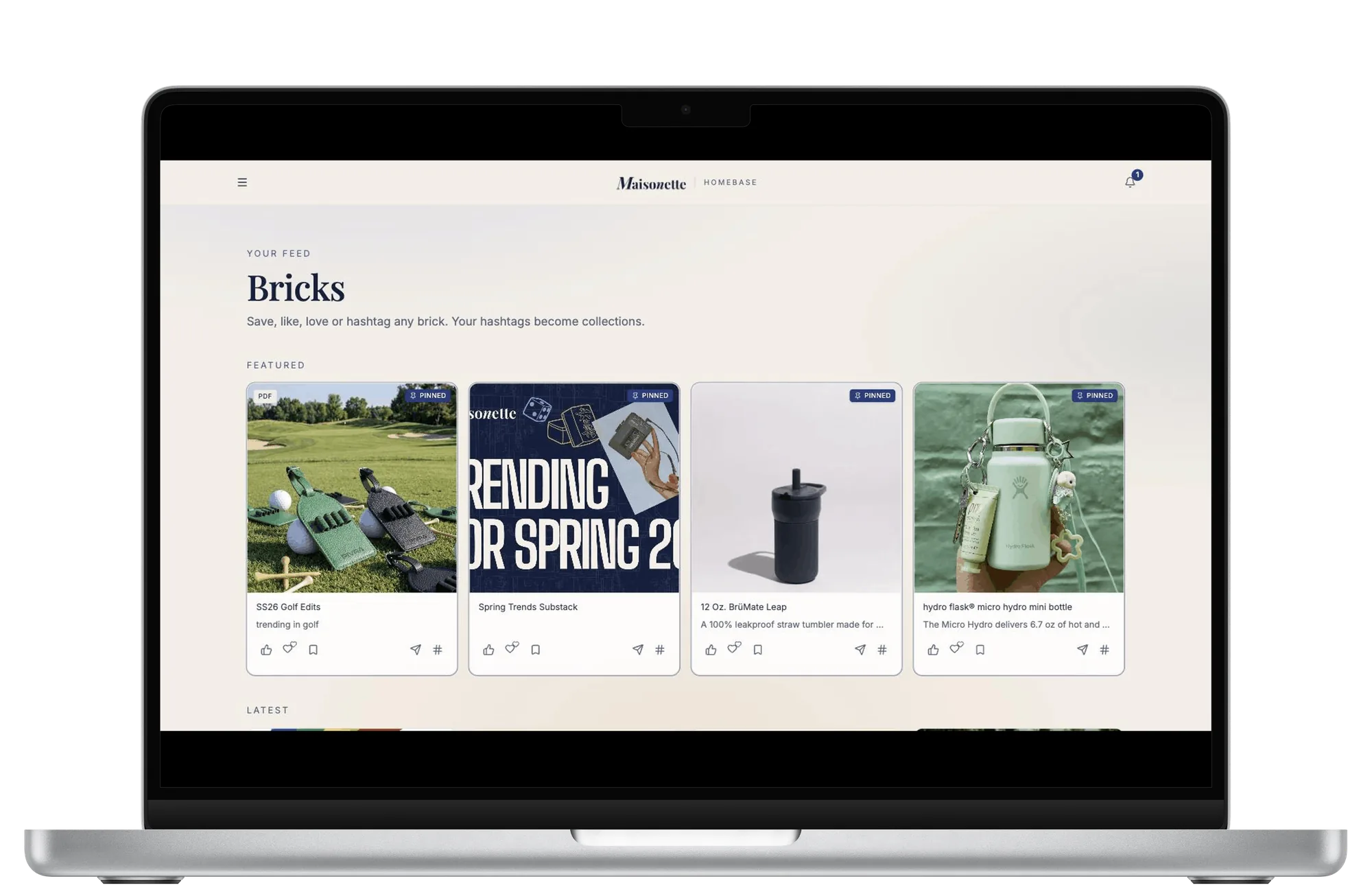 Maisonette Homebase Bricks feed shown on a MacBook Pro