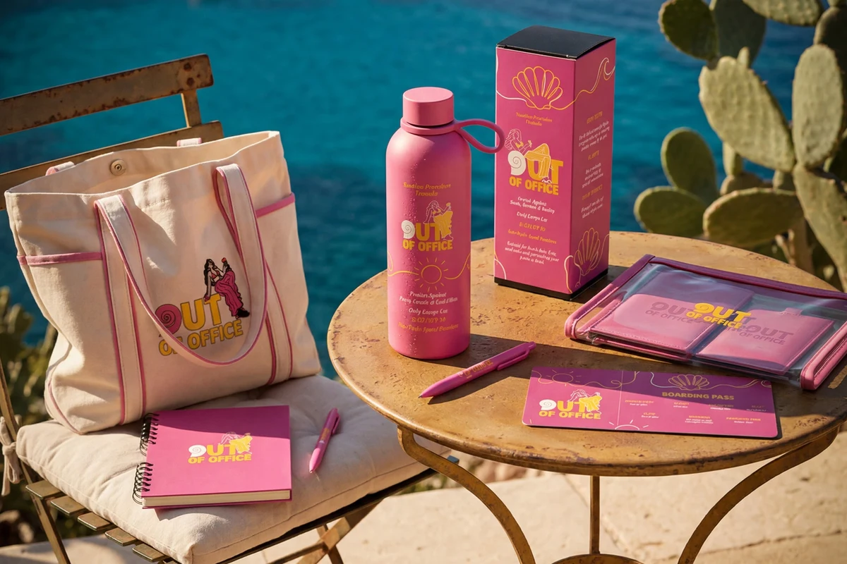 A curated branded travel kit, tote bag, bottle, box, and accessories, styled together as a complete merch collection