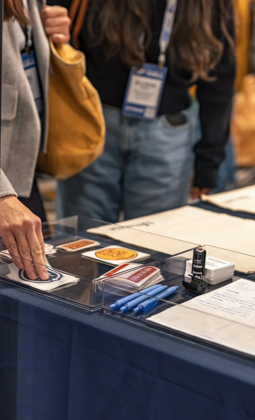 A guest picking a patch from a clear tray of custom patch designs
