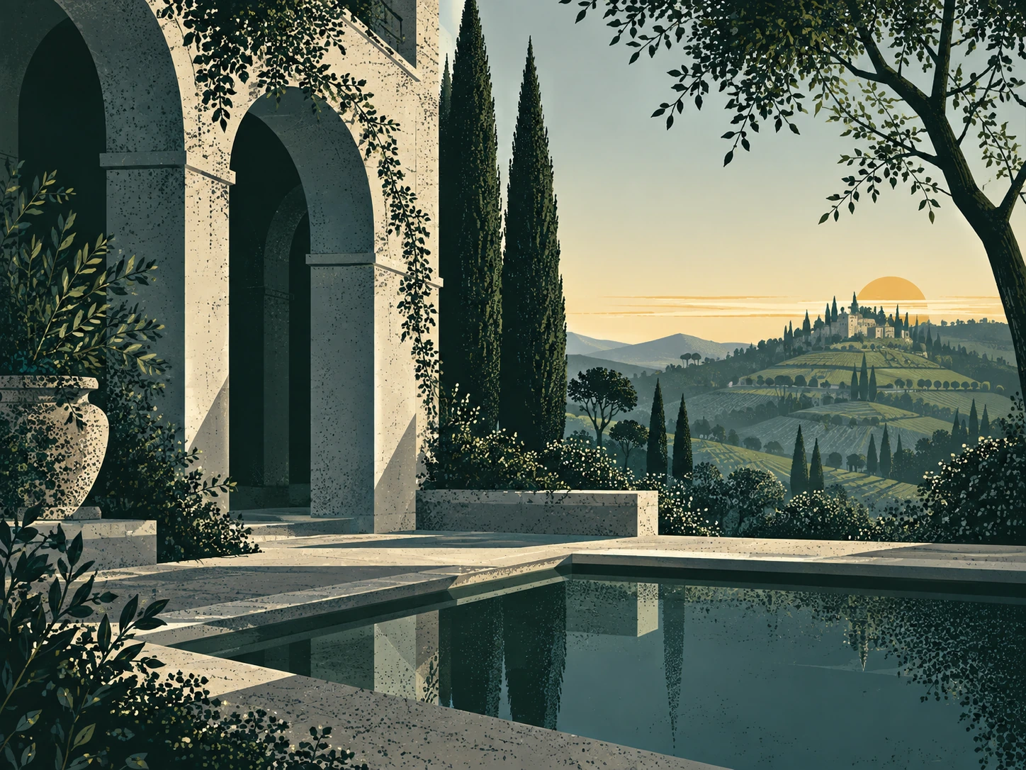 An illustrated ivory-and-gold castle gallery overlooking the cypress valley.