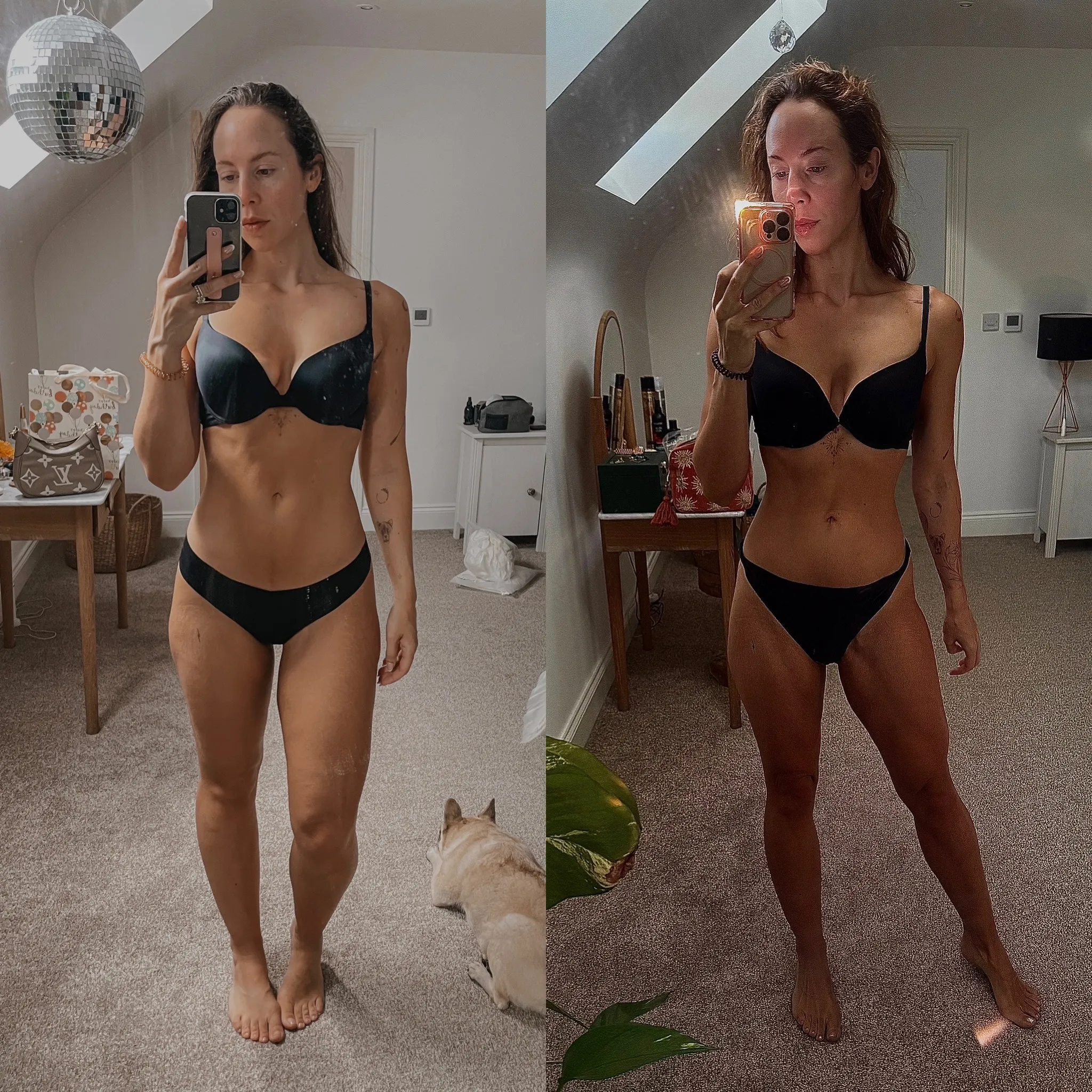 Two side-by-side progress photographs of a client coached by Rory.