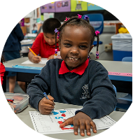 Student smiling at desk during classroom activity