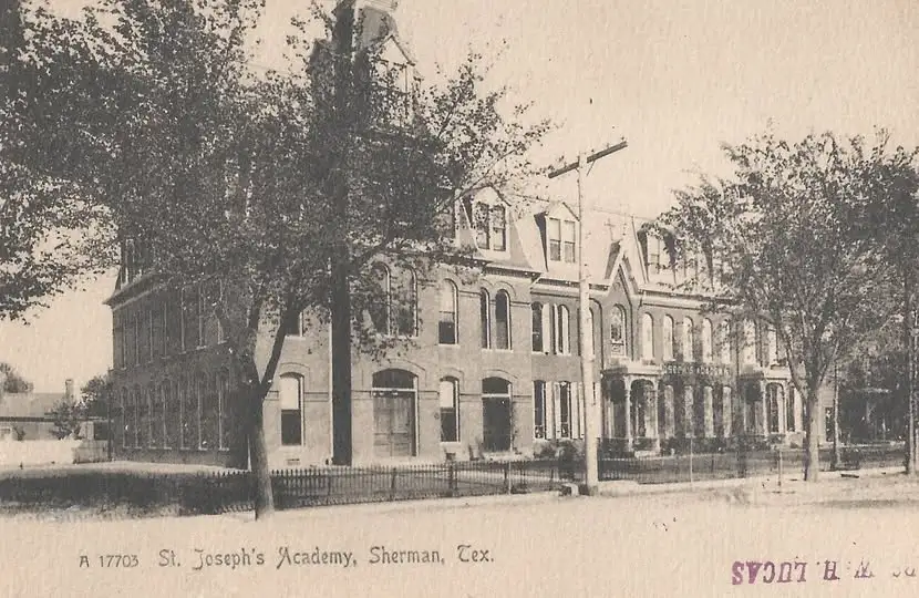 Historic postcard of St Joseph's Academy building in Sherman Texas