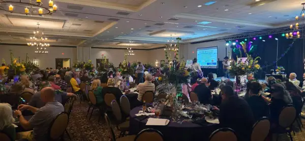Guests seated at decorated tables during a school gala event