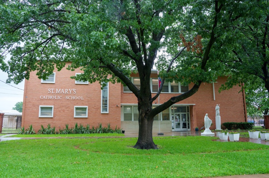 Exterior of St Mary's Catholic School brick building with tree and statue