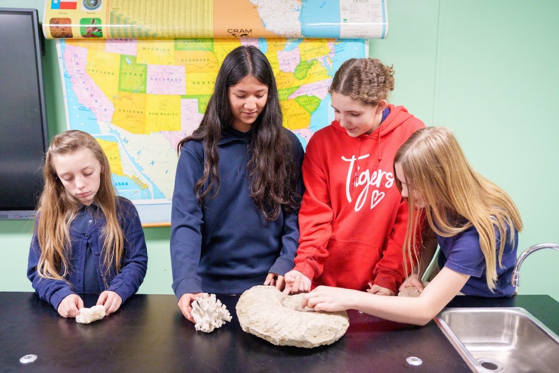 Four students examining fossil specimens on a classroom lab table