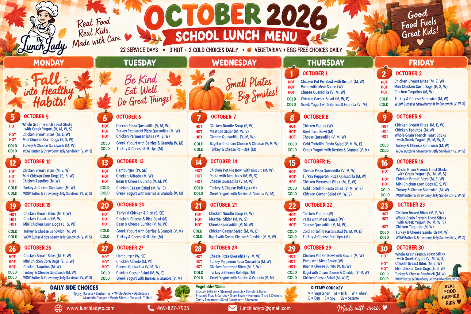 October 2026 school lunch menu calendar from The Lunch Lady