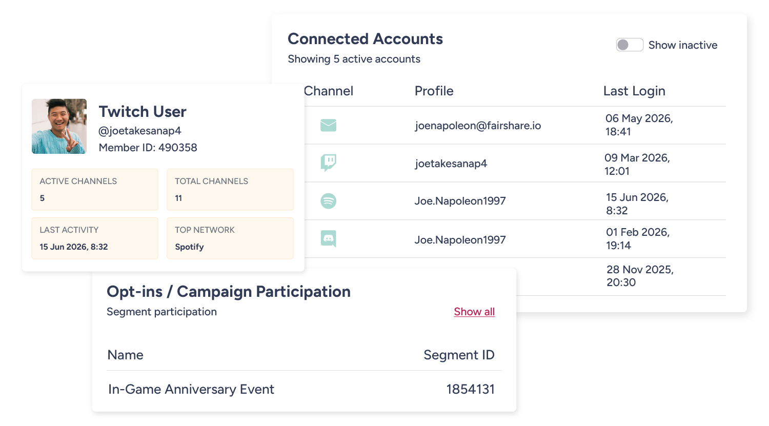 Collage of FairShare dashboard screens showing a user's connected accounts, opt-in settings, and campaign participation