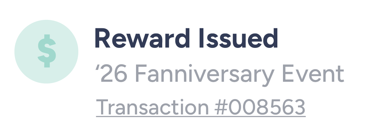 Screenshot of the FairShare dashboard showing a reward issued for a Fanniversary Event, with transaction details.
