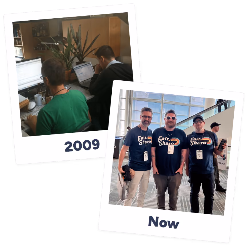 Two-photo collage: the Appreciation Engine team in New Zealand in 2009, and the team today wearing FairShare shirts at a conference