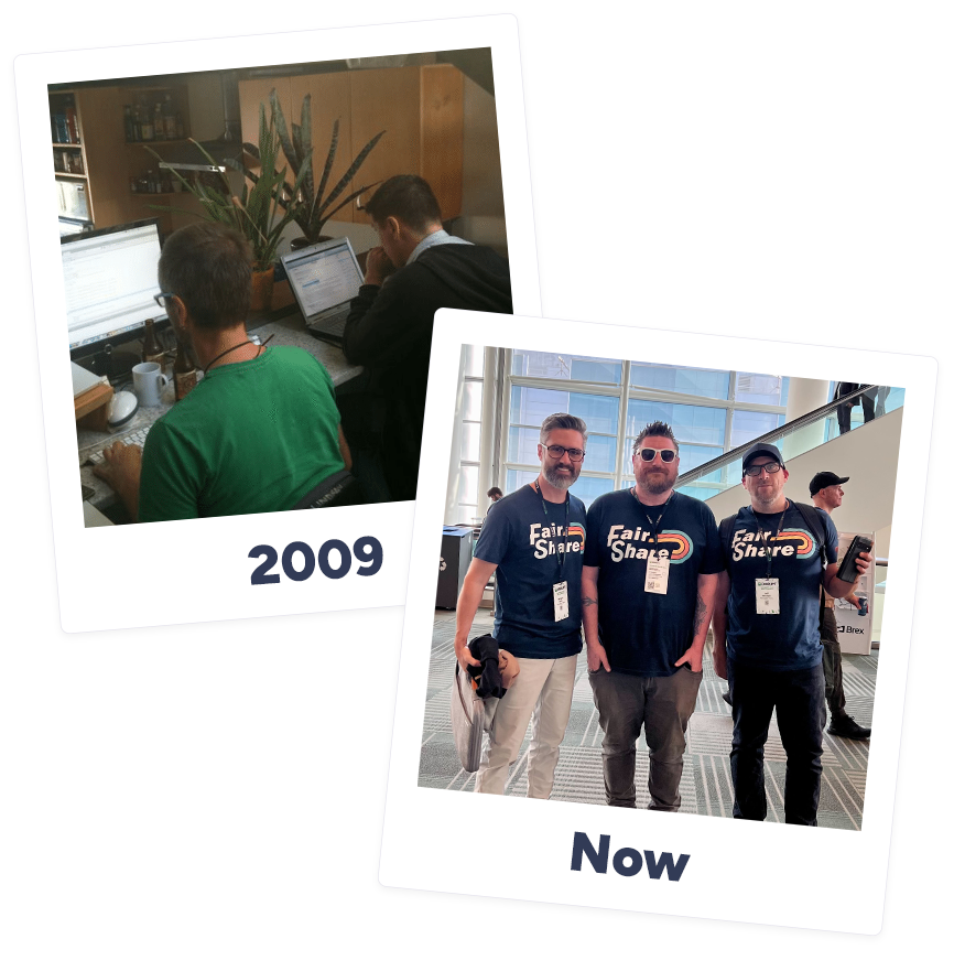 Two-photo collage: the Appreciation Engine team in New Zealand in 2009, and the team today wearing FairShare shirts at a conference