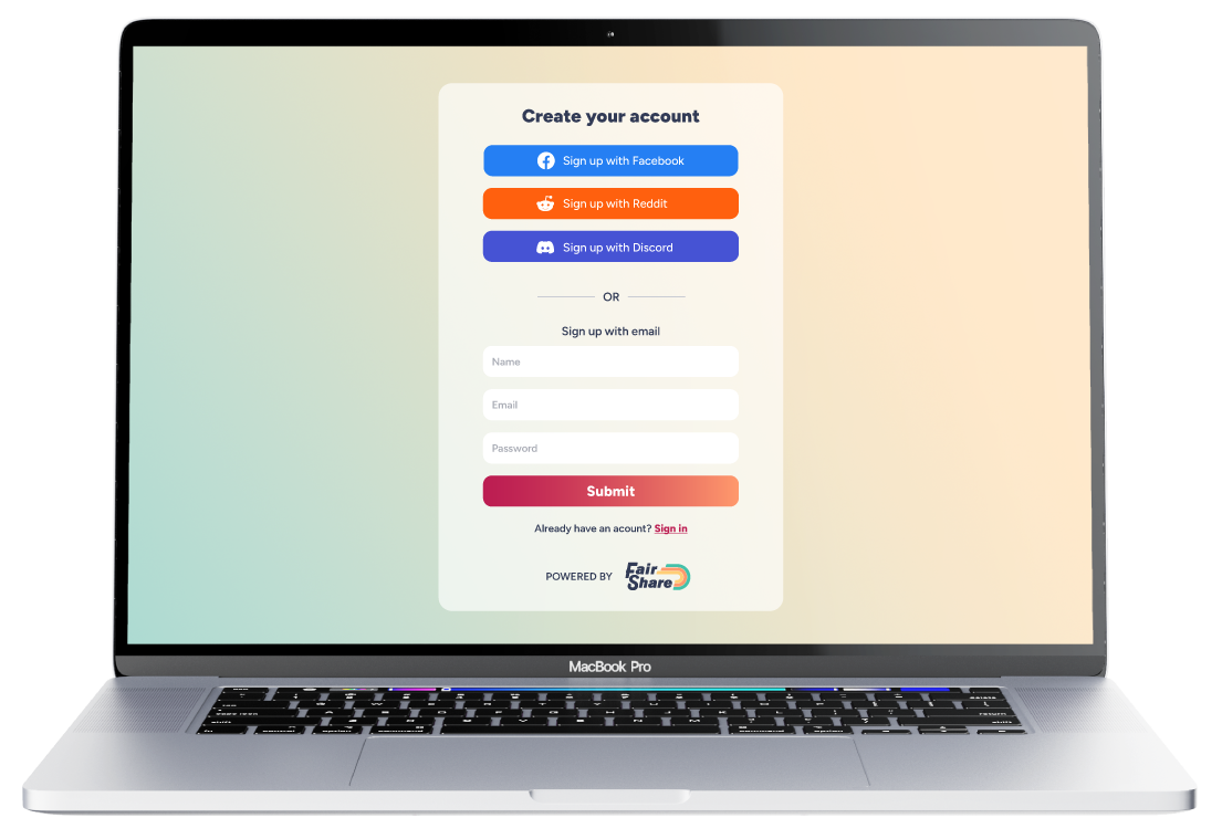 Laptop screen showing a mockup of a FairShare social sign-up page