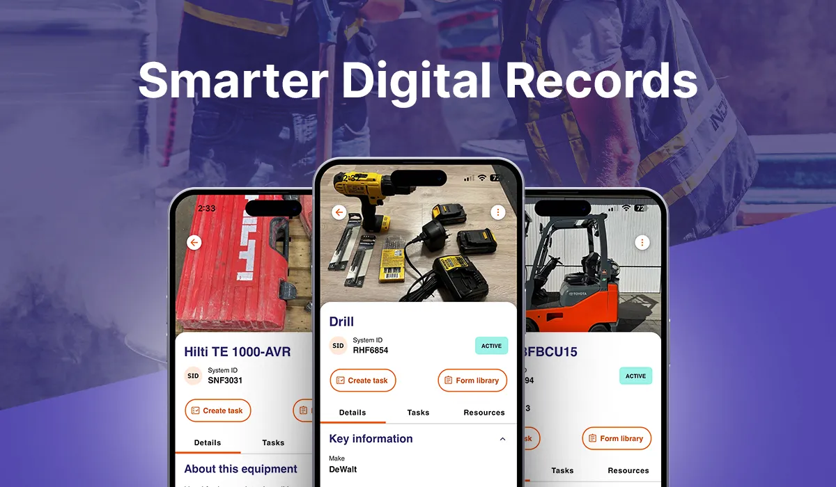 Three smartphones displaying a digital equipment management app with images and details of tools and machinery under the heading Smarter Digital Records.