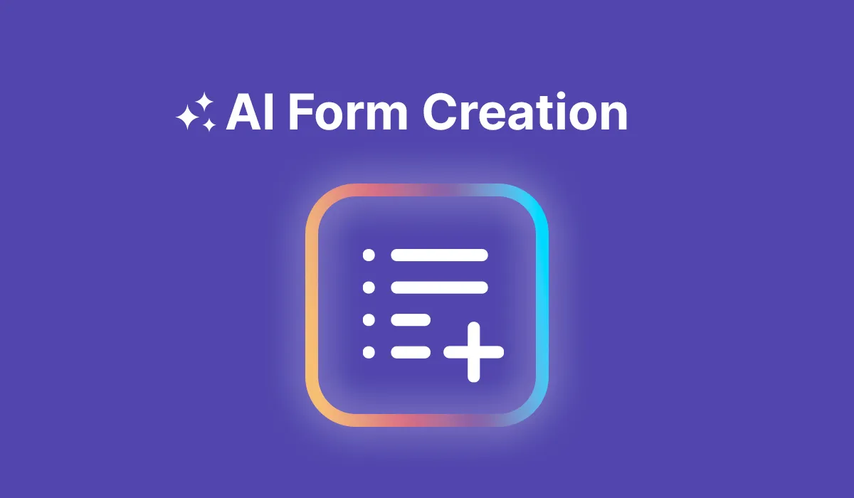 Icon of a form with bullet points and a plus sign inside a rounded square with gradient border, labeled AI Form Creation on purple background.