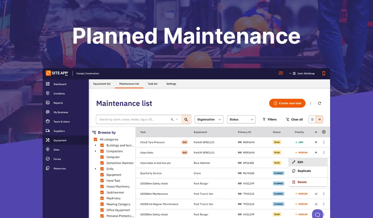 Site App Pro maintenance list dashboard showing tasks, equipment, status, and priority with a large header reading Planned Maintenance.