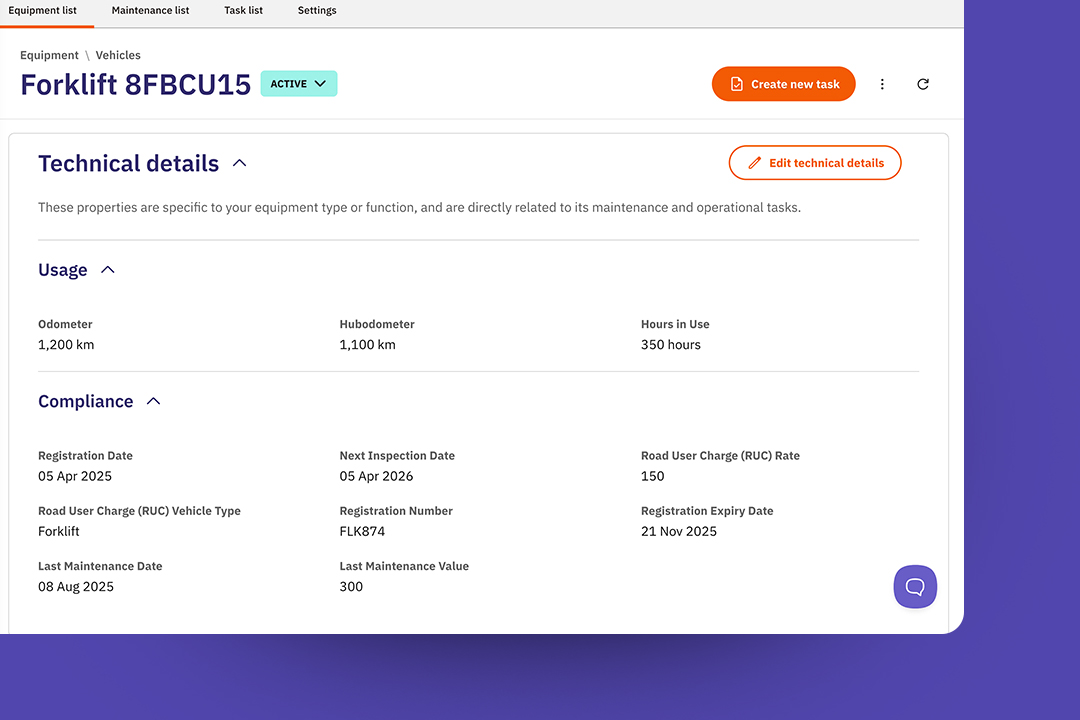 User interface screen showing equipment details for forklift 8FBCU15 including usage stats like odometer 1,200 km, hubodometer 1,100 km, and hours in use 350 hours, plus compliance data with registration and inspection dates, road user charge rate, and maintenance records.