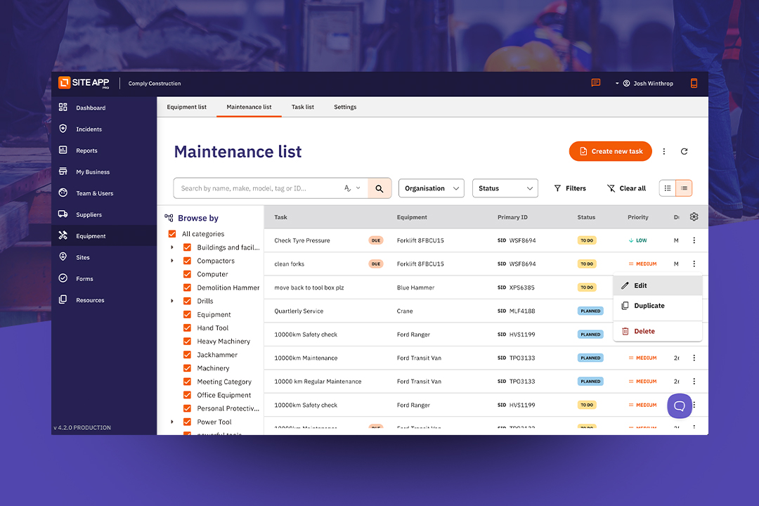 Site App dashboard showing a maintenance list with tasks, equipment details, status filters, and options to create, edit, duplicate, or delete tasks.