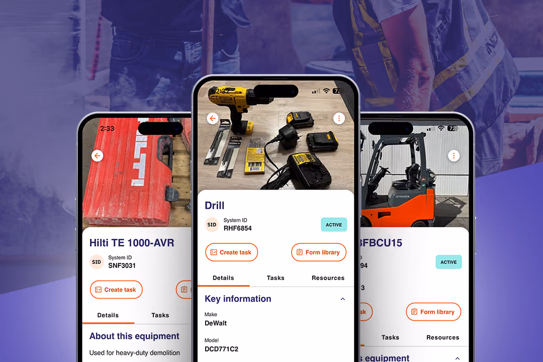 Three smartphones displaying an equipment management app showing details and tasks for a Hilti demolition tool, a DeWalt drill with accessories, and a Toyota forklift.