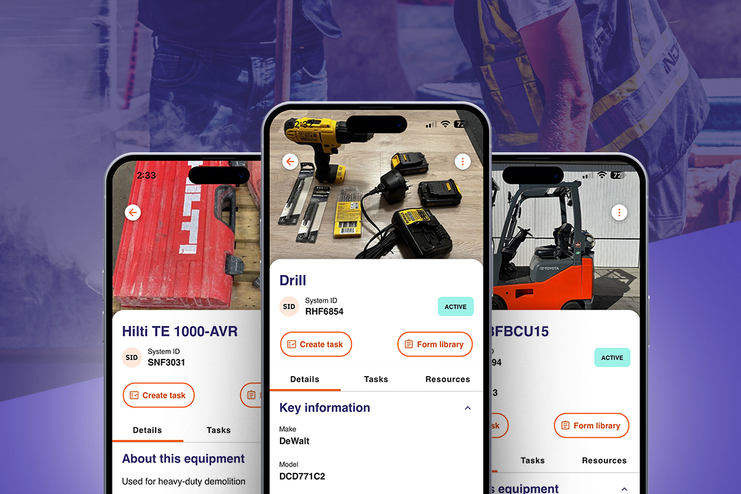 Three smartphones displaying an equipment management app showing details and tasks for a Hilti demolition tool, a DeWalt drill with accessories, and a Toyota forklift.