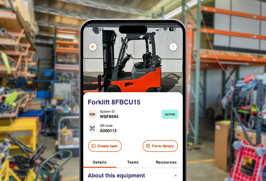 Mobile screen displaying forklift details, and options to create a task or access form library.