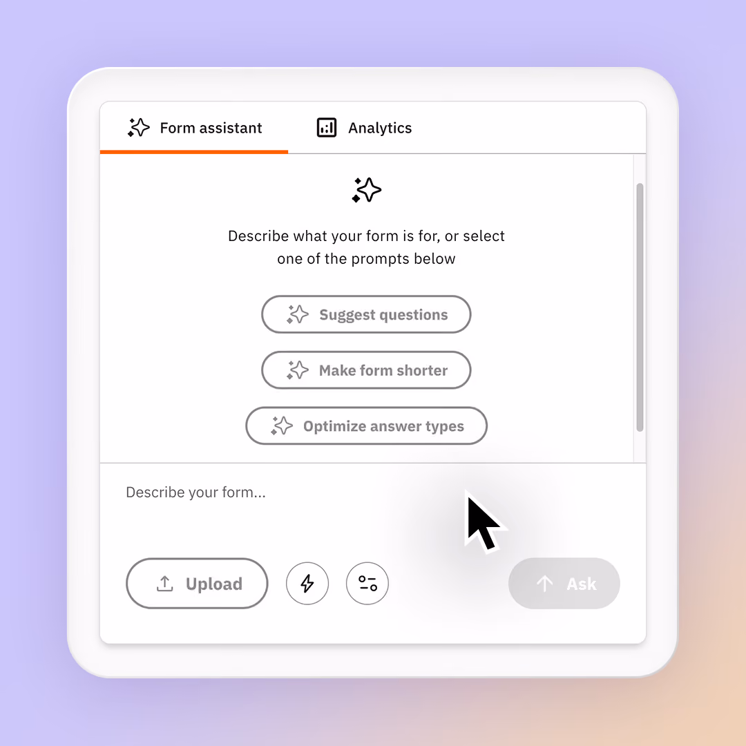 AI form assistant panel offering prompts to suggest questions or shorten a form
