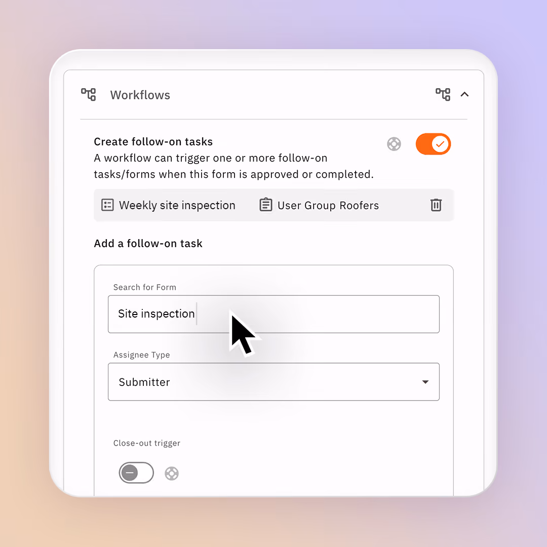 Form workflows panel set to create follow-on tasks when a form is approved or completed