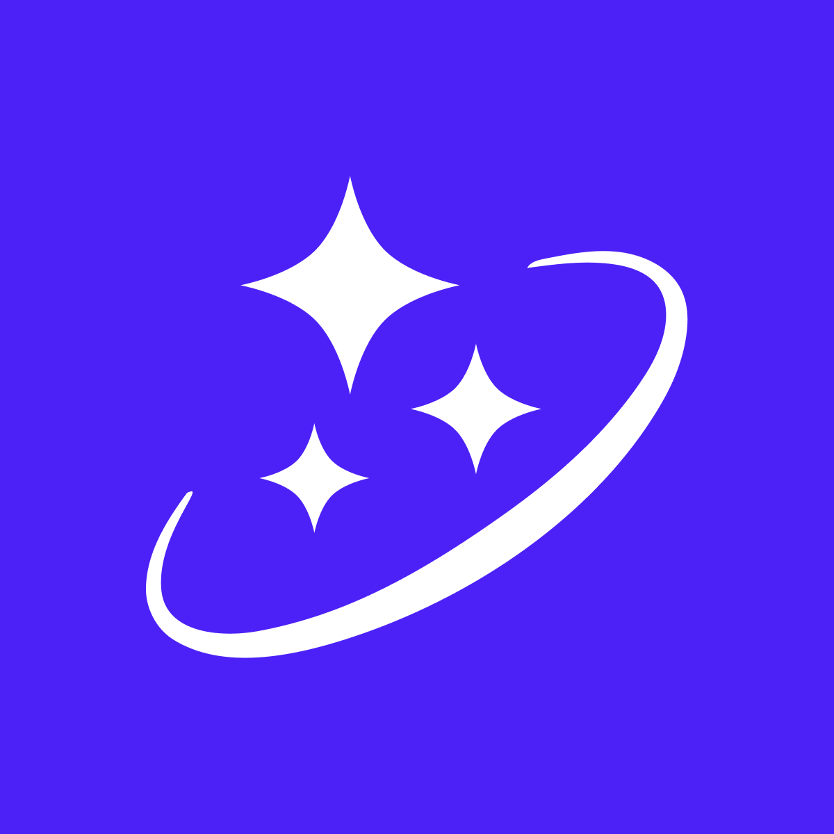 Three white sparkling stars with a curved swoosh on a solid blue background.
