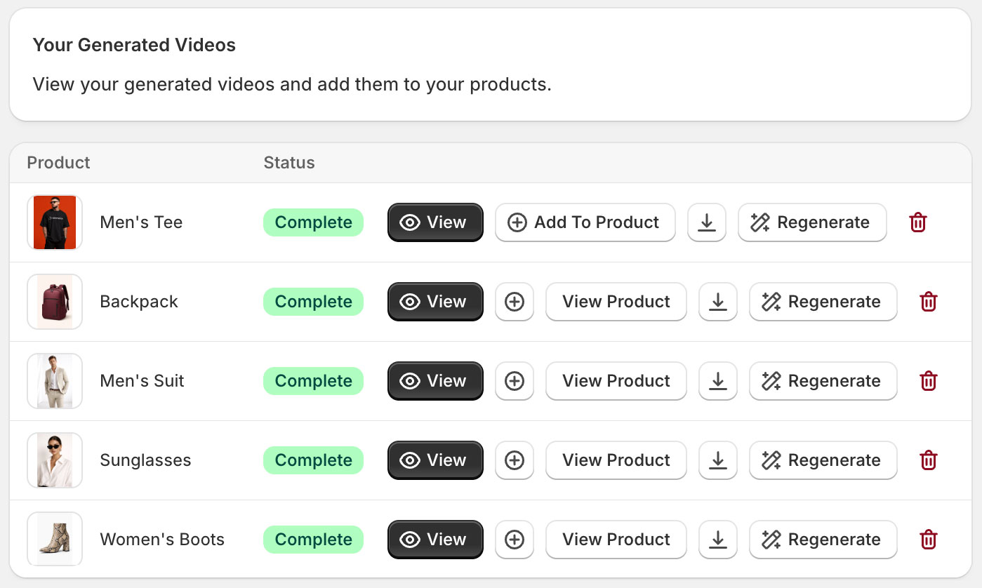 List of generated videos for products showing status complete with view, add, download, regenerate, and delete options.