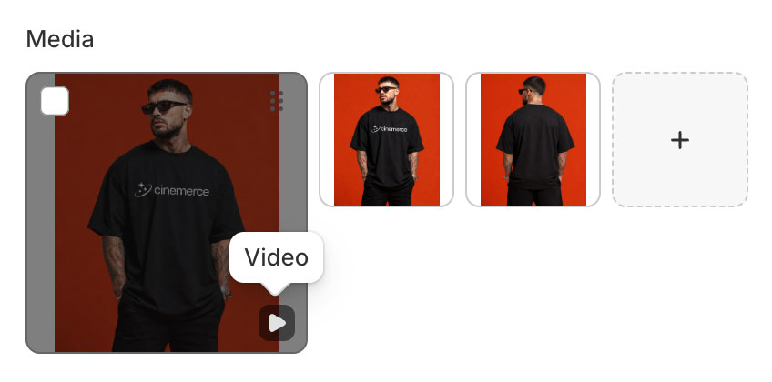 Man with tattoos wearing black Cinemerce shirt against orange background, shown from front and back.