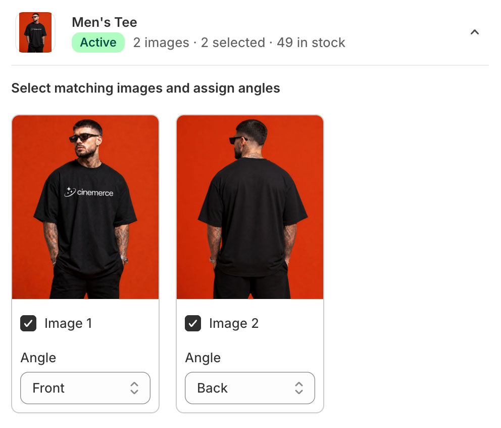 Two images of a man wearing a black Cinemerce t-shirt, front and back views on an orange background.