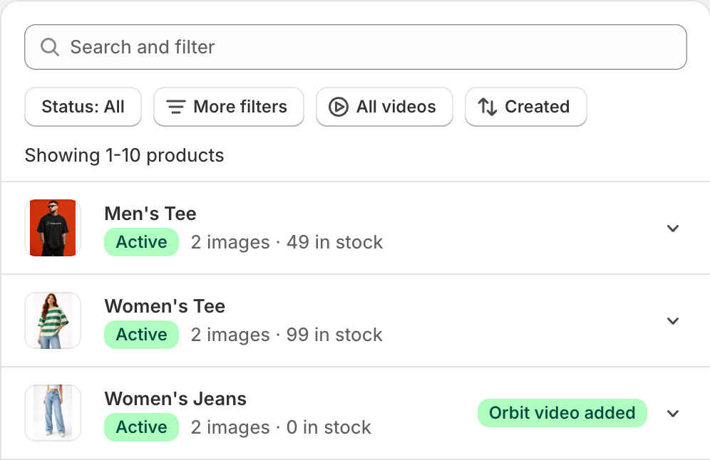Product list with men’s tee, women’s tee, and women’s jeans showing images, stock, and active status.