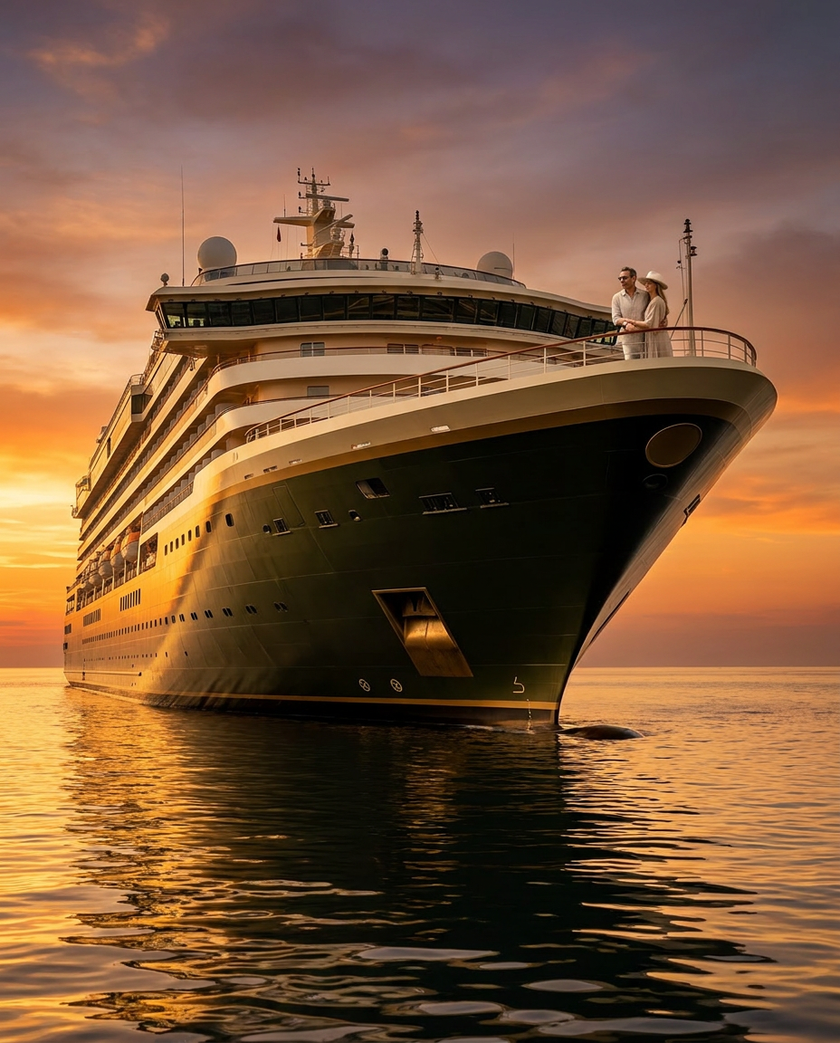 Luxury cruise ship gliding across golden-hour water, Latitude Arc