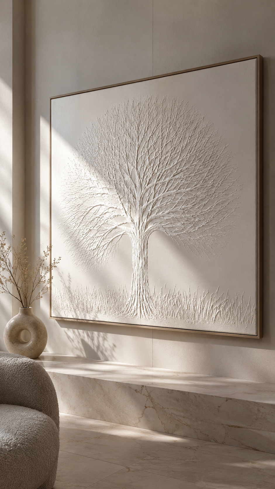 The White Oak styled in a bright, minimal marble interior