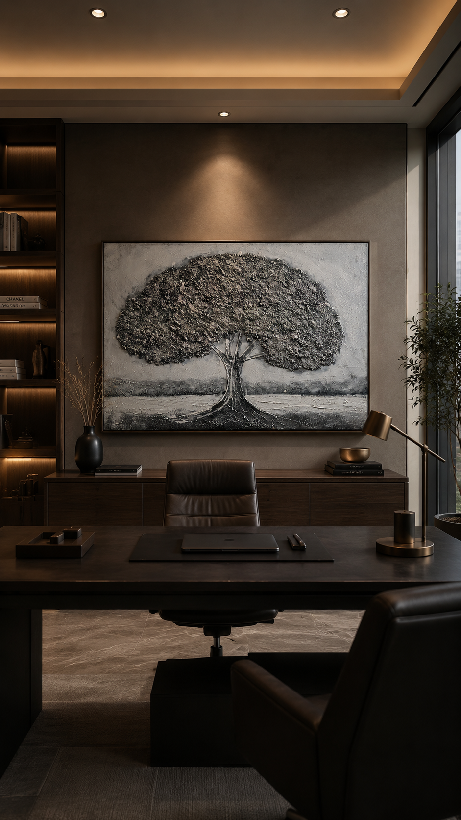 Eternal Roots styled above a media console with a city view at dusk