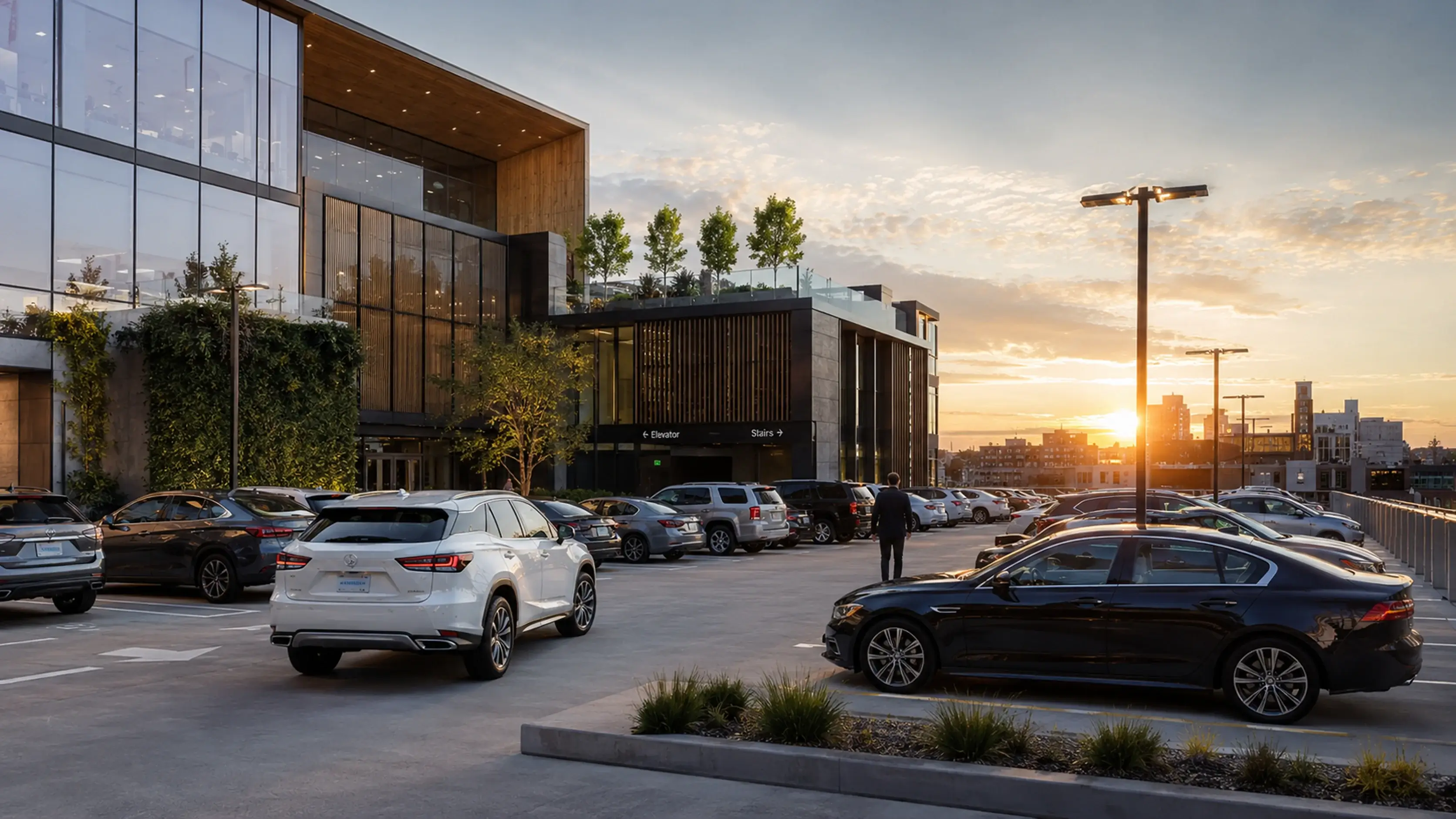 Sunset view of a rooftop parking lot with cars and a modern glass building in the background.
