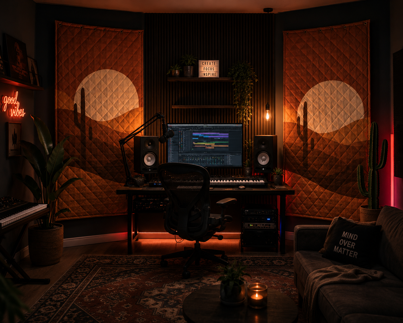 Desert Horizon soundproof curtain in terracotta and cream