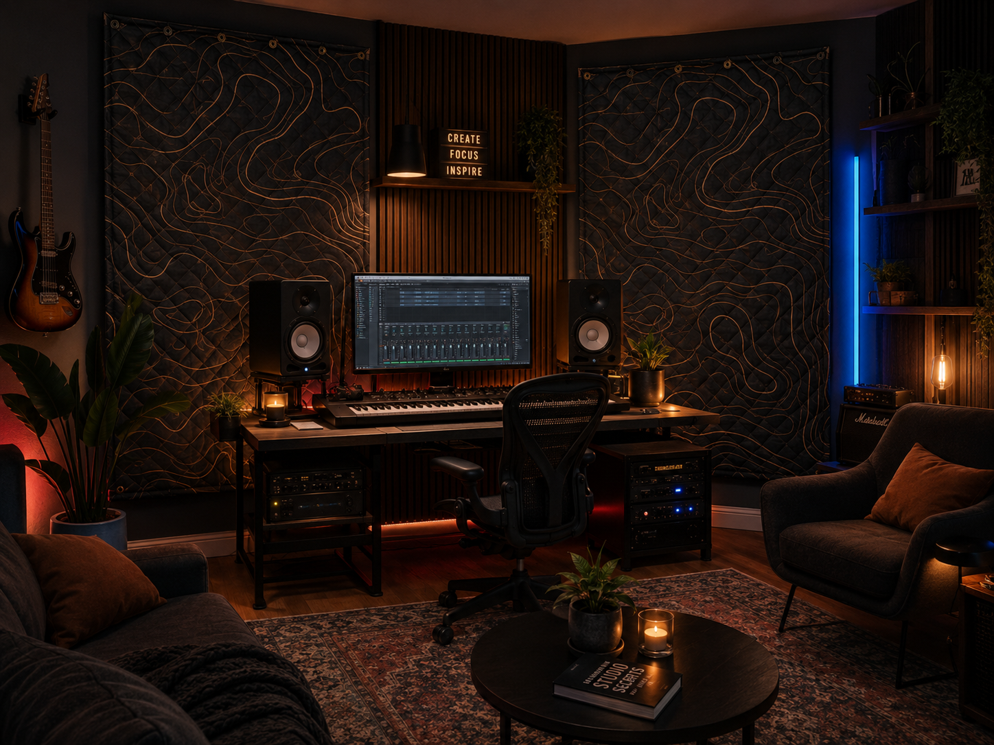 Topographic Lines soundproof curtain in black and copper
