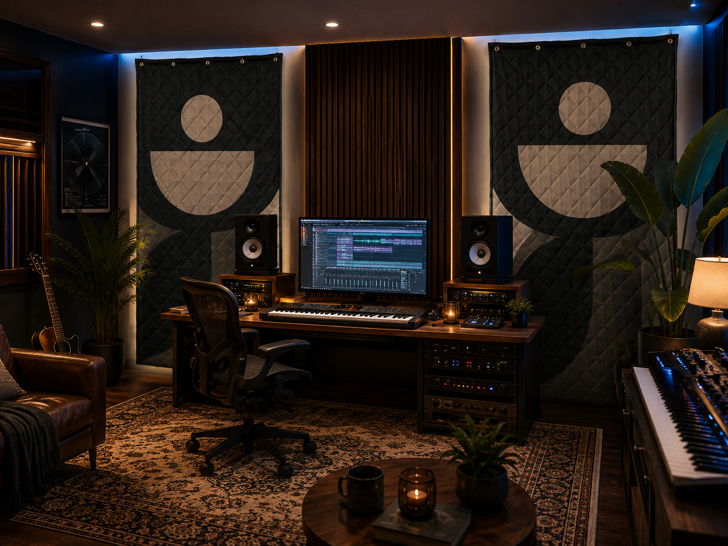 Mid-Century Shapes soundproof curtain in charcoal and bone