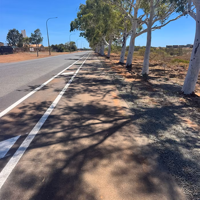 Two dump trucks and a road roller paving asphalt on a remote highway near dry hills and railway tracks.