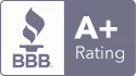 Better Business Bureau logo with an A+ rating on a grey background.