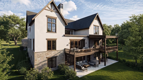Spacious two-story house with stone and white exterior, wooden deck, and patio surrounded by grass and trees.