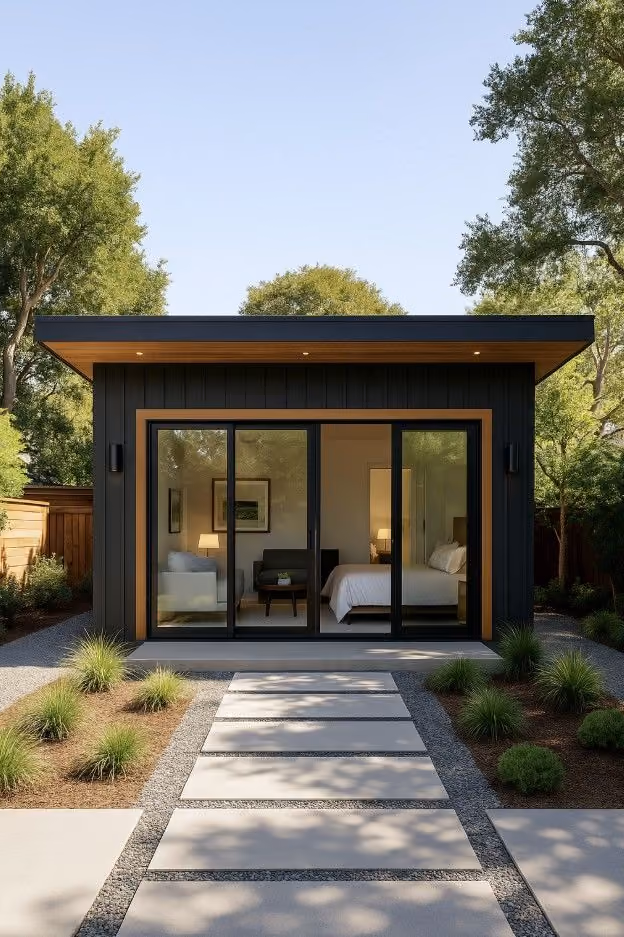 Modern backyard office with large sliding glass doors and a pathway lined with plants.