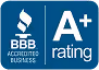 Better Business Bureau seal with A+ rating and accreditation statement.