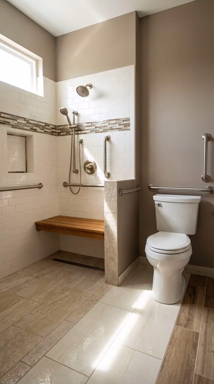 Modern bathroom with walk-in shower, bench, grab bars, and a toilet next to beige walls.