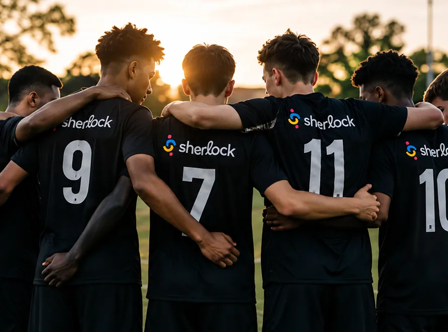 Soccer players in black jerseys, numbers 9, 7, 11, and 10, with arms around each other in a huddle.