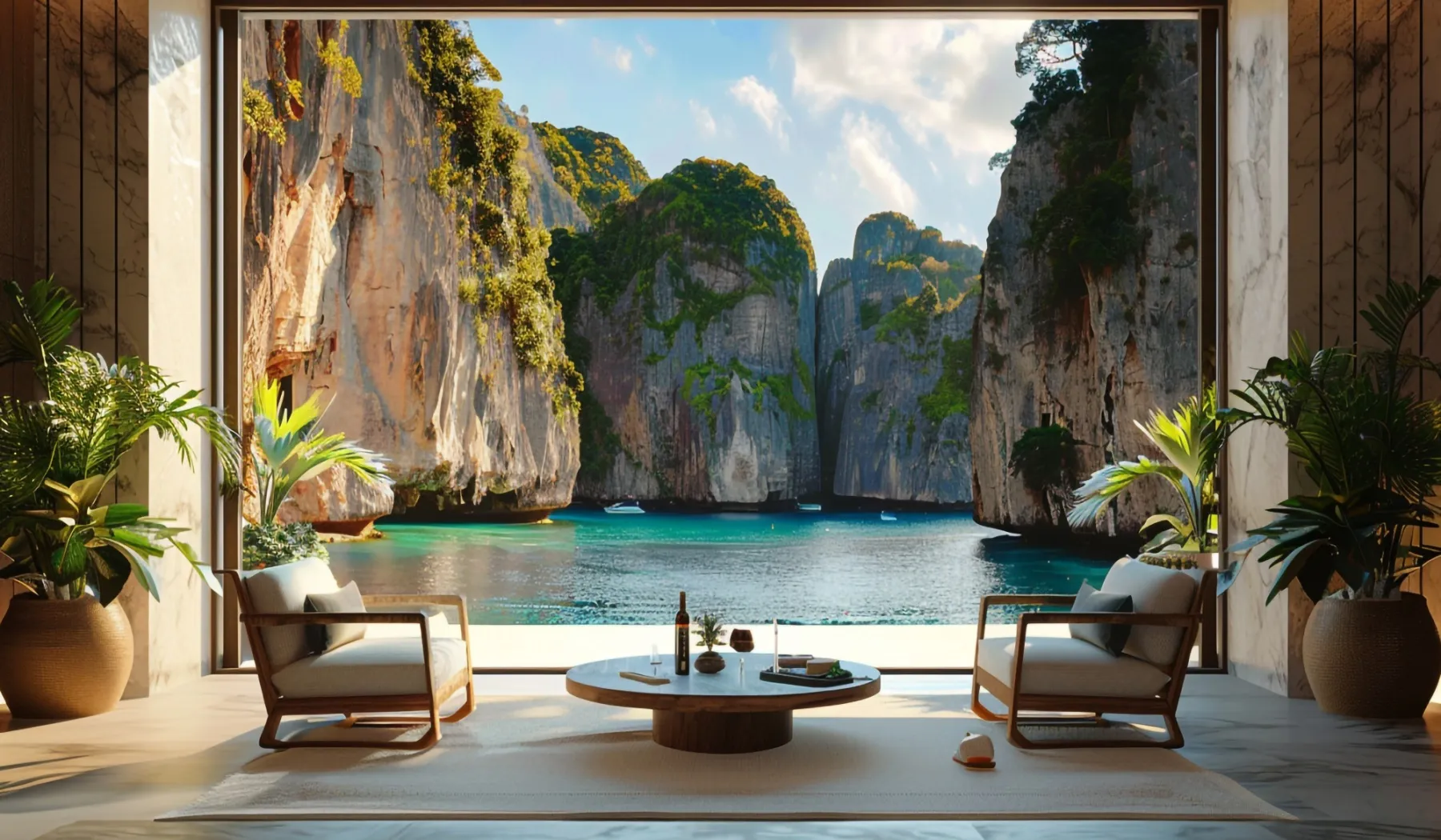 Open-air lounge overlooking limestone cliffs and a turquoise bay