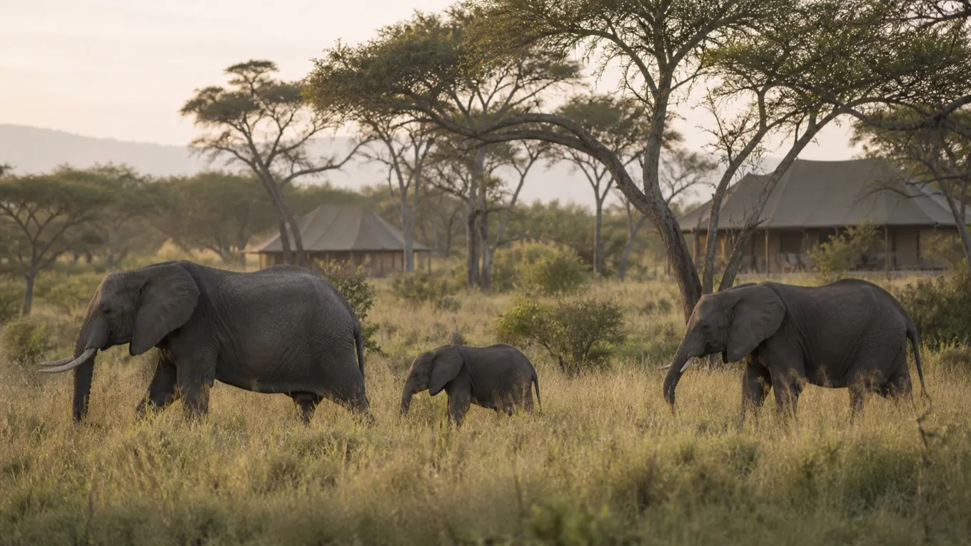Elephants beside an elegant canvas camp in East Africa